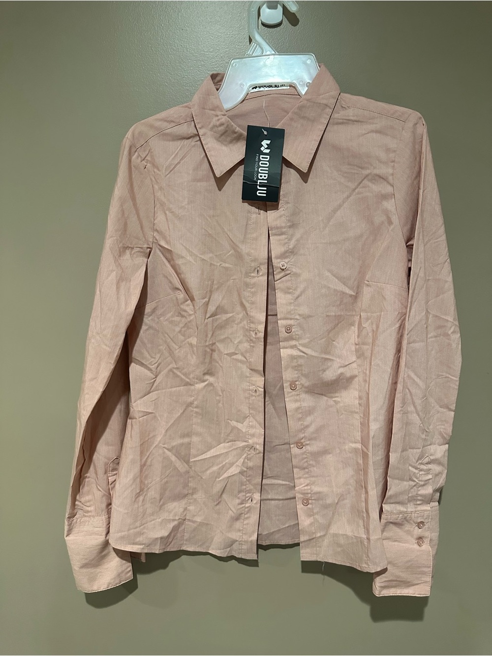 Doublju Men's Light Pink Long-Sleeve Button-Up Shirt